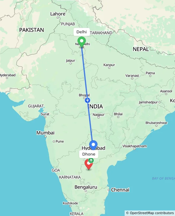 Route map showing distance and travel time from Delhi, India to Dhone, India
