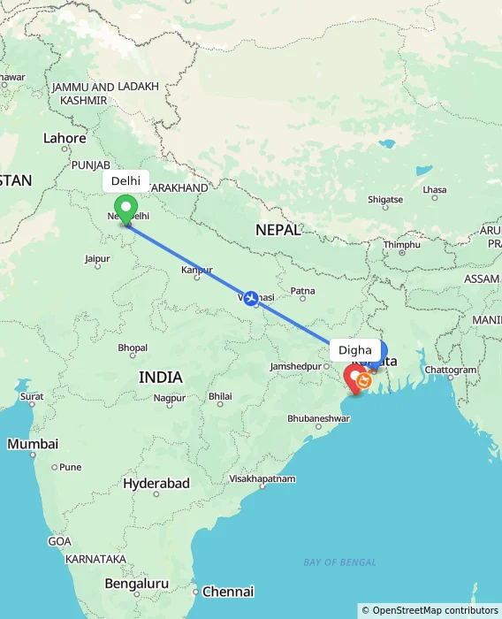 Route map showing distance and travel time from Delhi, India to Digha, India