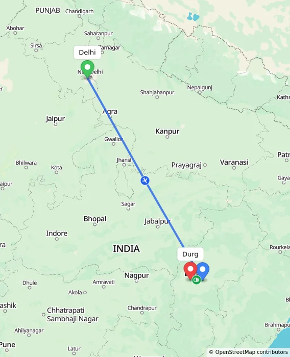 Route map showing distance and travel time from Delhi, India to Durg, India