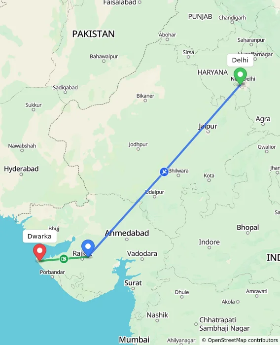 Route map showing distance and travel time from Delhi, India to Dwarka, India