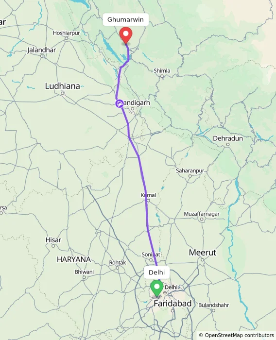 Route map showing distance and travel time from Delhi, India to Ghumarwin, India