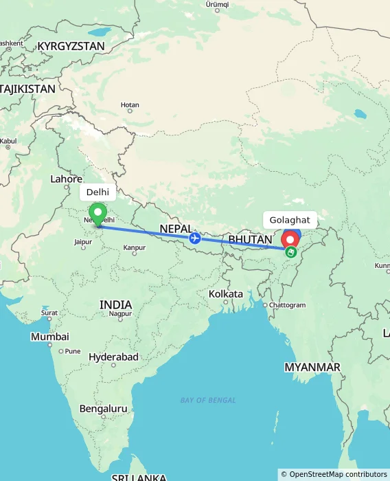 Route map showing distance and travel time from Delhi, India to Golaghat, India