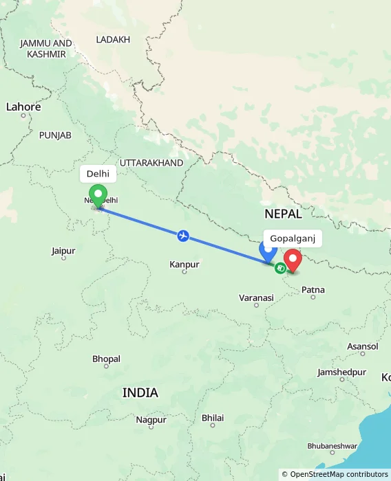 Route map showing distance and travel time from Delhi, India to Gopalganj, India