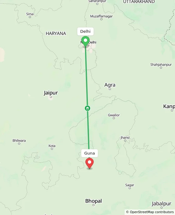 Route map showing distance and travel time from Delhi, India to Guna, India