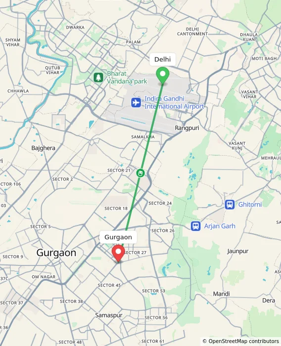 Route map showing distance and travel time from Delhi, India to Gurgaon, India