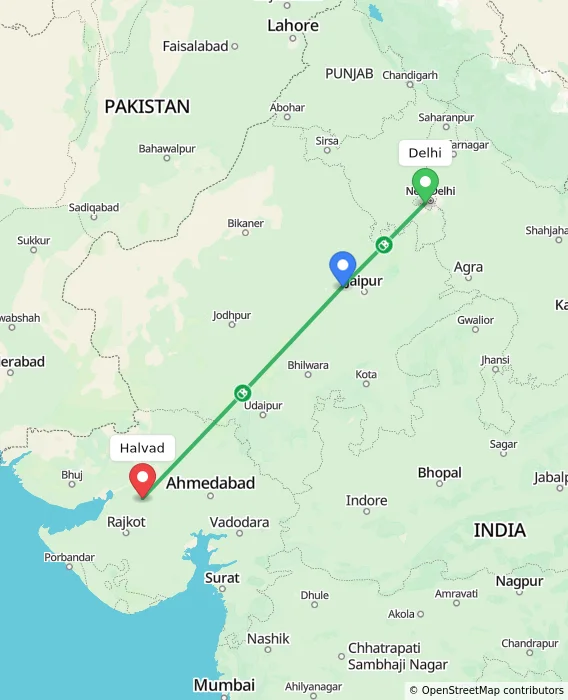 Route map showing distance and travel time from Delhi, India to Halvad, India