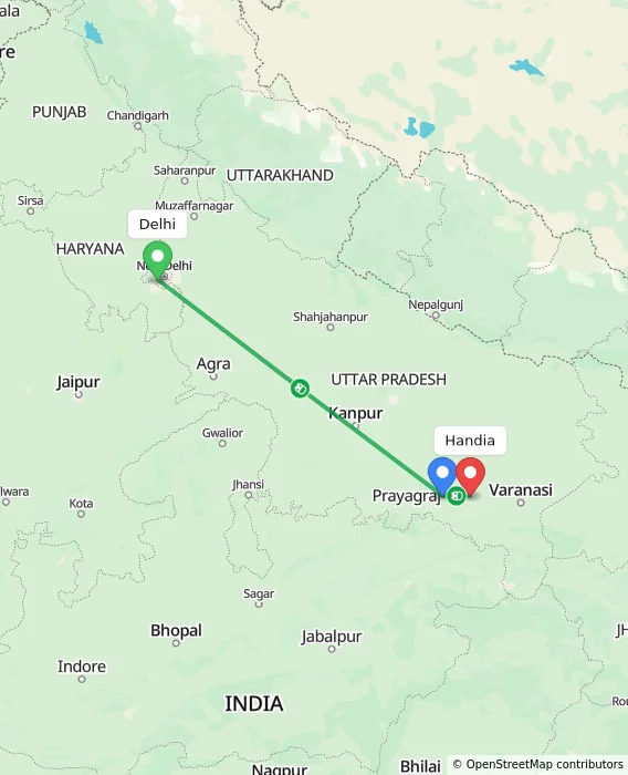 Route map showing distance and travel time from Delhi, India to Handia, India