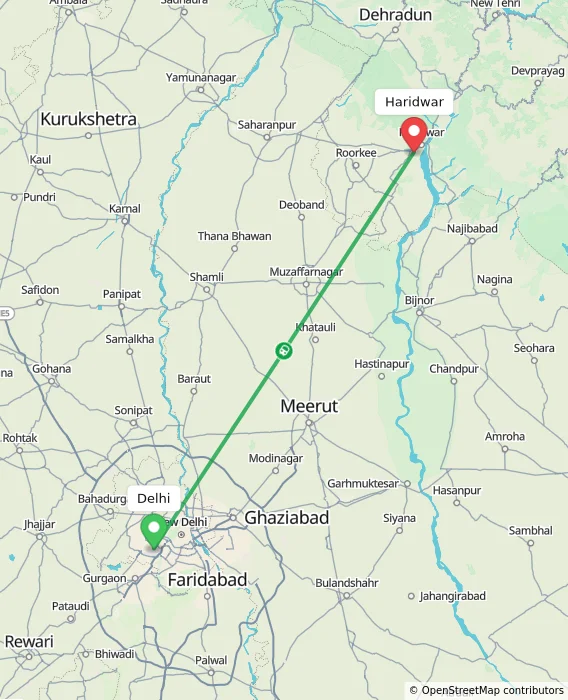 Route map showing distance and travel time from Delhi, India to Haridwar, India