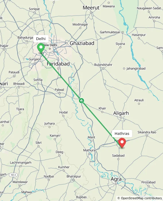 Route map showing distance and travel time from Delhi, India to Hathras, India