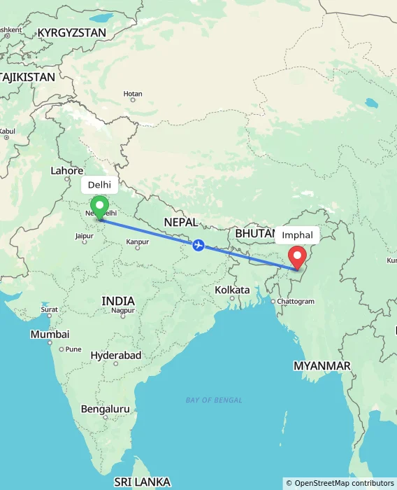 Route map showing distance and travel time from Delhi, India to Imphal, India