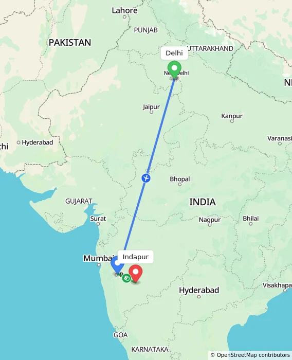 Route map showing distance and travel time from Delhi, India to Indapur, India