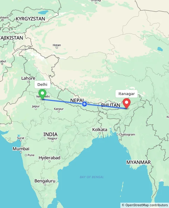 Route map showing distance and travel time from Delhi, India to Itanagar, India