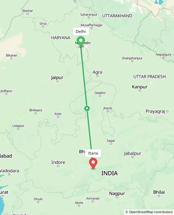 Route map showing distance and travel time from Delhi, India to Itarsi, India