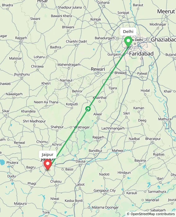 Route map showing distance and travel time from Delhi, India to Jaipur, India