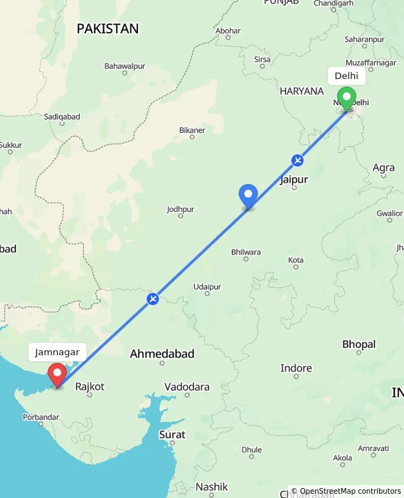 Route map showing distance and travel time from Delhi, India to Jamnagar, India