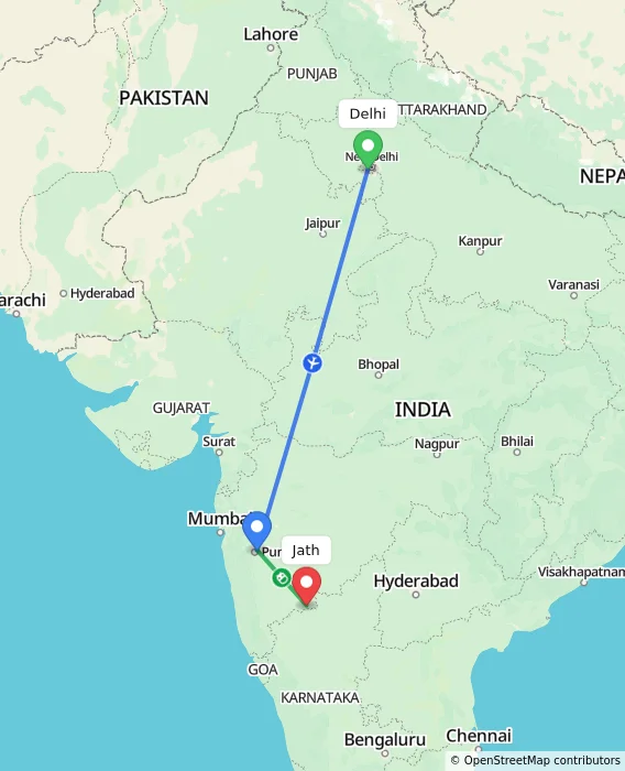 Route map showing distance and travel time from Delhi, India to Jath, India
