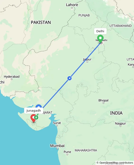 Route map showing distance and travel time from Delhi, India to Junagadh, India