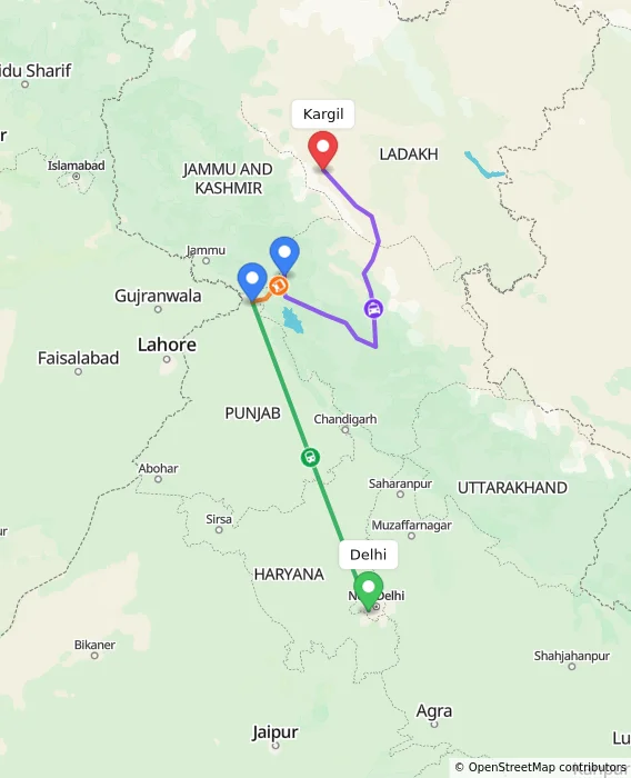 Route map showing distance and travel time from Delhi, India to Kargil, India