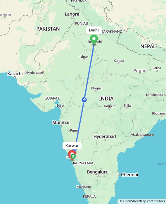 Route map showing distance and travel time from Delhi, India to Karwar, India