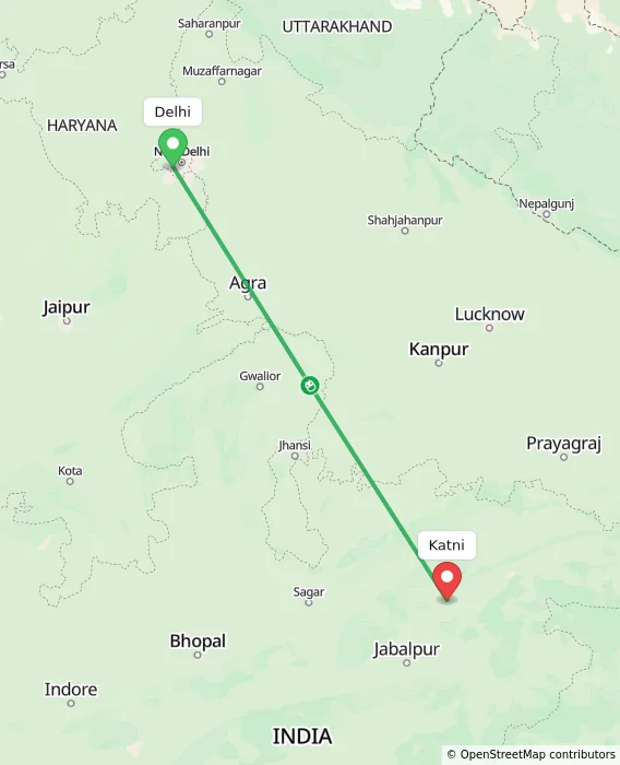 Route map showing distance and travel time from Delhi, India to Katni, India