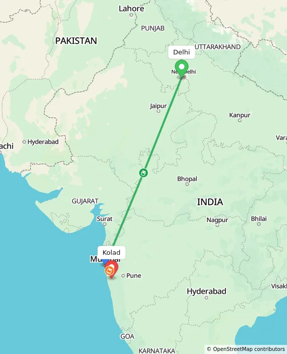 Route map showing distance and travel time from Delhi, India to Kolad, India