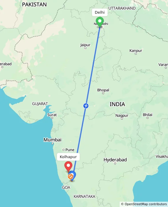 Route map showing distance and travel time from Delhi, India to Kolhapur, India
