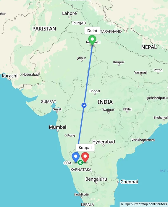Route map showing distance and travel time from Delhi, India to Koppal, India