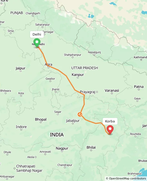 Route map showing distance and travel time from Delhi, India to Korba, India
