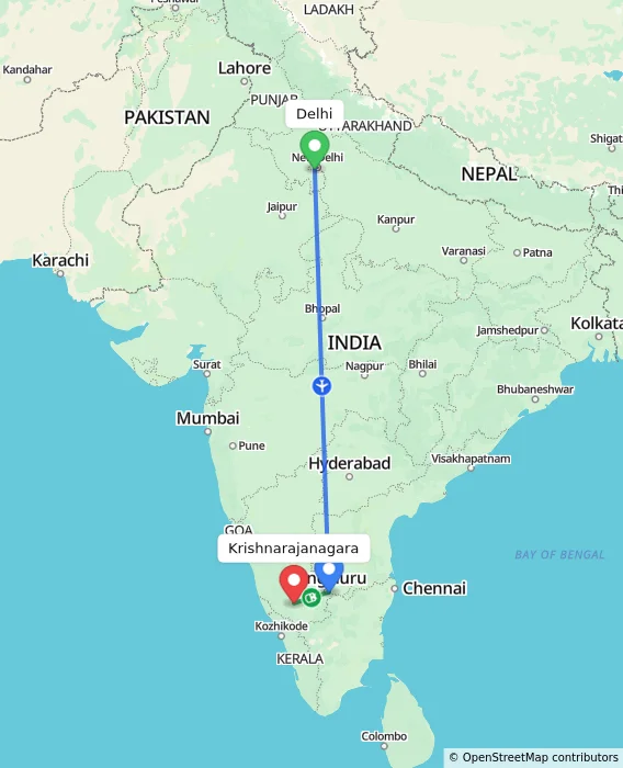 Route map showing distance and travel time from Delhi, India to Krishnarajanagara, India