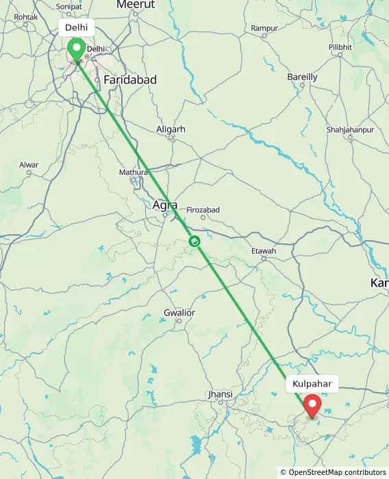 Route map showing distance and travel time from Delhi, India to Kulpahar, India