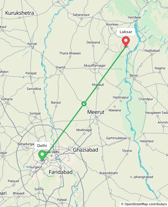 Route map showing distance and travel time from Delhi, India to Laksar, India