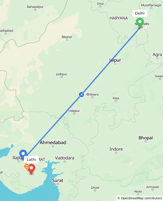 Route map showing distance and travel time from Delhi, India to Lathi, India