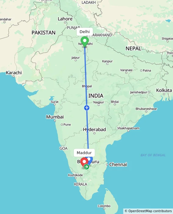 Route map showing distance and travel time from Delhi, India to Maddur, India