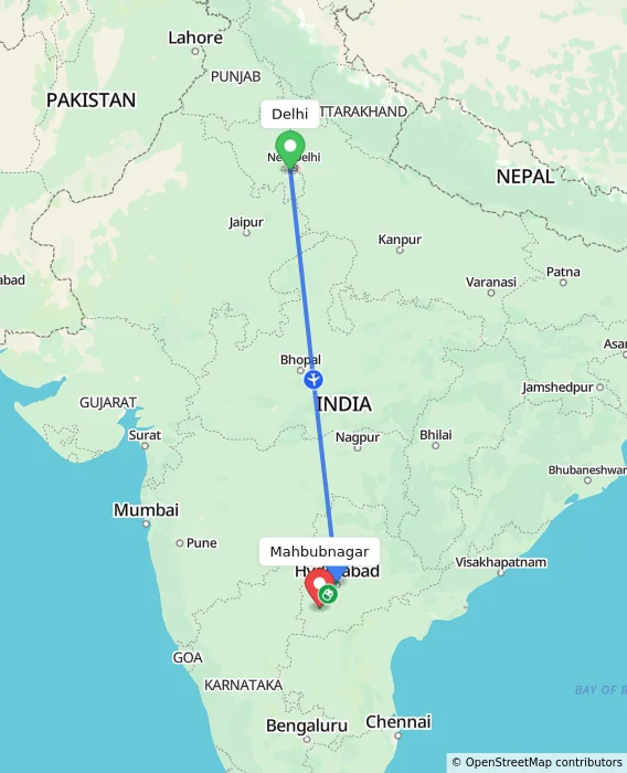 Route map showing distance and travel time from Delhi, India to Mahbubnagar, India