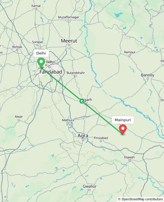 Route map showing distance and travel time from Delhi, India to Mainpuri, India