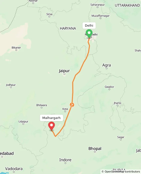 Route map showing distance and travel time from Delhi, India to Malhargarh, India