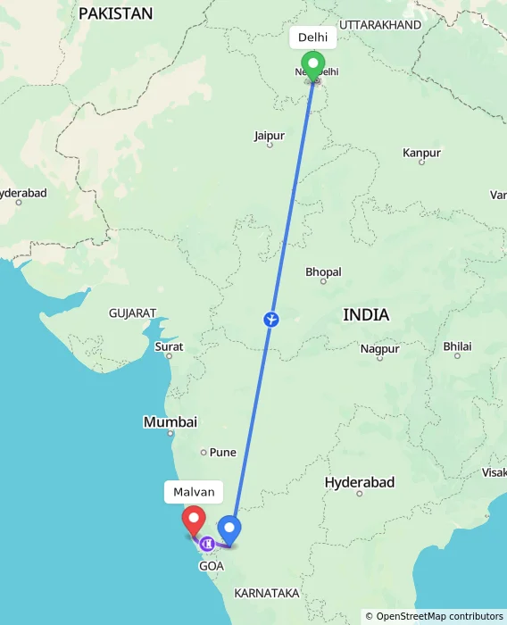 Route map showing distance and travel time from Delhi, India to Malvan, India