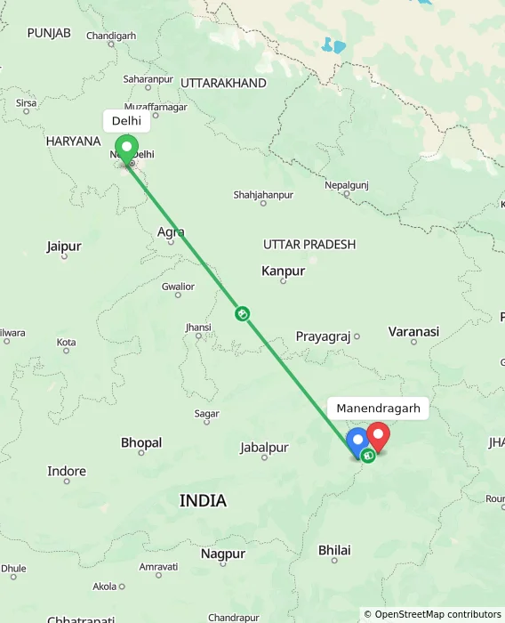 Route map showing distance and travel time from Delhi, India to Manendragarh, India