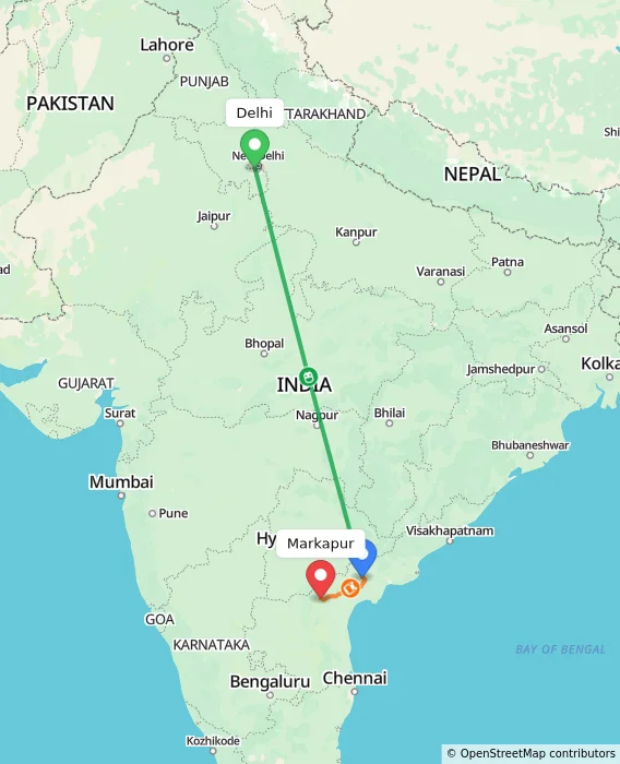 Route map showing distance and travel time from Delhi, India to Markapur, India