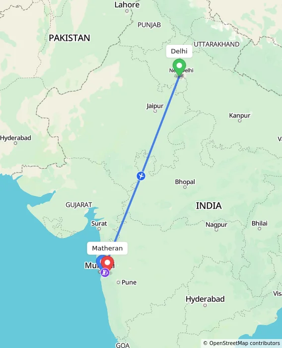 Route map showing distance and travel time from Delhi, India to Matheran, India