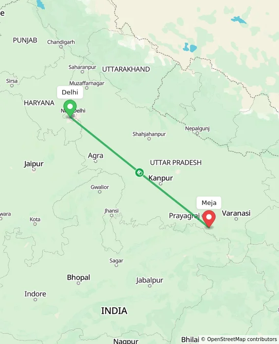Route map showing distance and travel time from Delhi, India to Meja, India