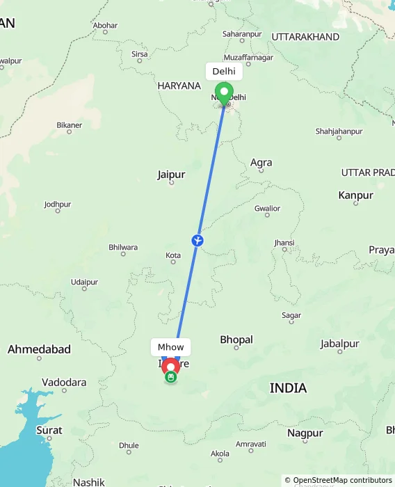 Route map showing distance and travel time from Delhi, India to Mhow, India