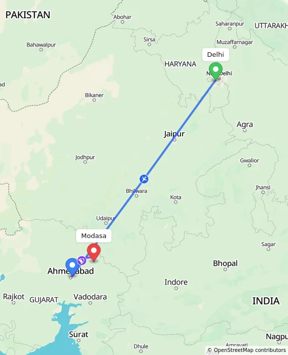 Route map showing distance and travel time from Delhi, India to Modasa, India