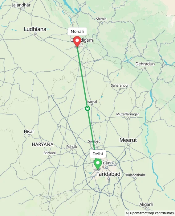 Route map showing distance and travel time from Delhi, India to Mohali, India