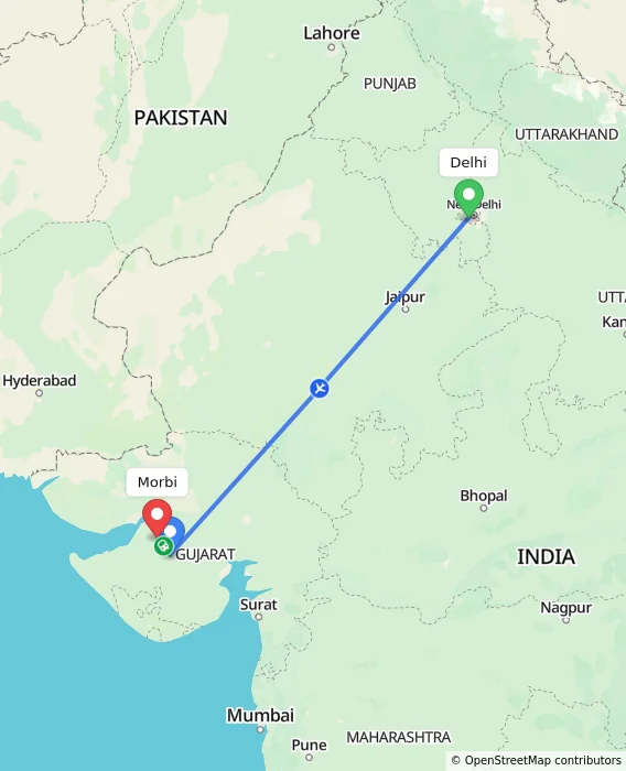 Route map showing distance and travel time from Delhi, India to Morbi, India