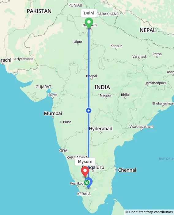 Route map showing distance and travel time from Delhi, India to Mysore, India