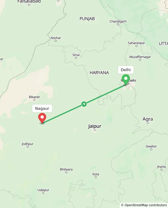 Route map showing distance and travel time from Delhi, India to Nagaur, India