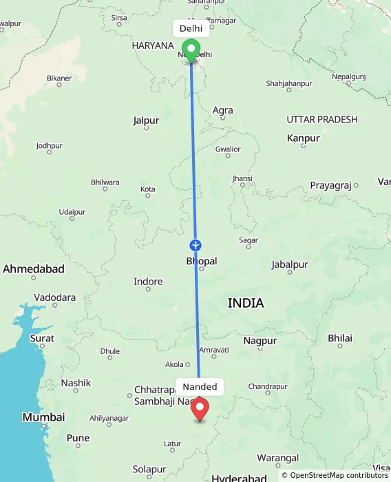 Route map showing distance and travel time from Delhi, India to Nanded, India