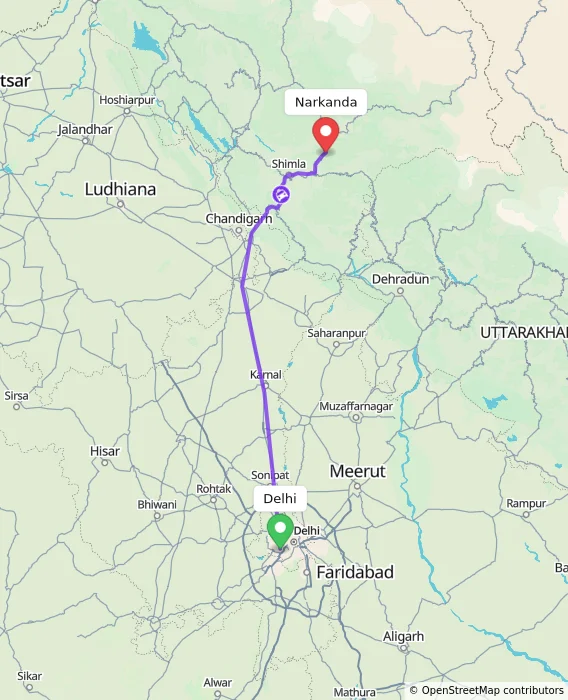 Route map showing distance and travel time from Delhi, India to Narkanda, India