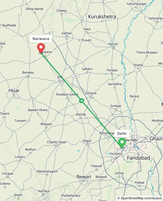 Route map showing distance and travel time from Delhi, India to Narwana, India